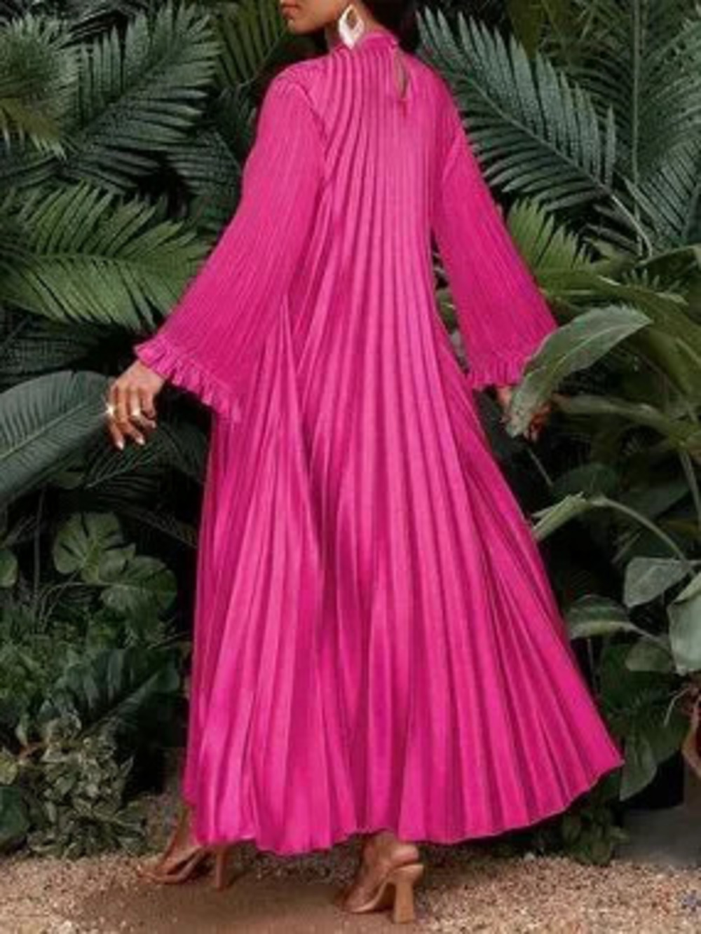 ZARA Hot Pink Casual Women's Plus Size Long Sleeve Pleated Maxi Dress